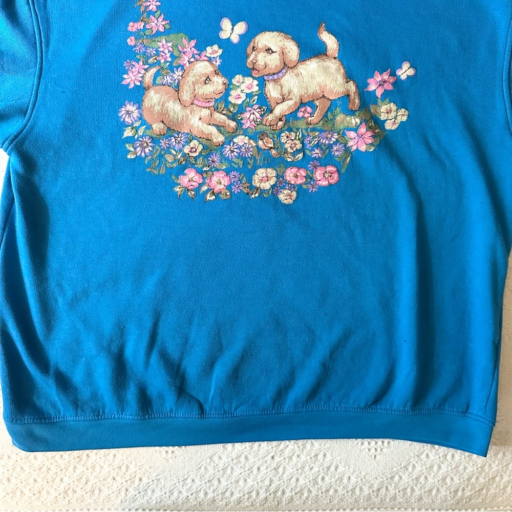 Vintage Dog Sweatshirt Crewneck Womens Medium Blue Puppy Floral Meadow Vtg READ - Picture 5 of 10